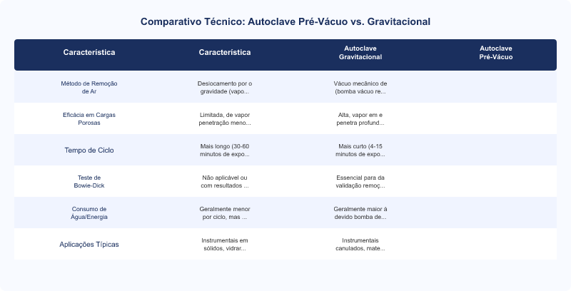 Diagrama técnico: Autoclave Hospitalar: Pré-Vácuo vs. Gravitacional (RDC 15/2012 e EN 285)
